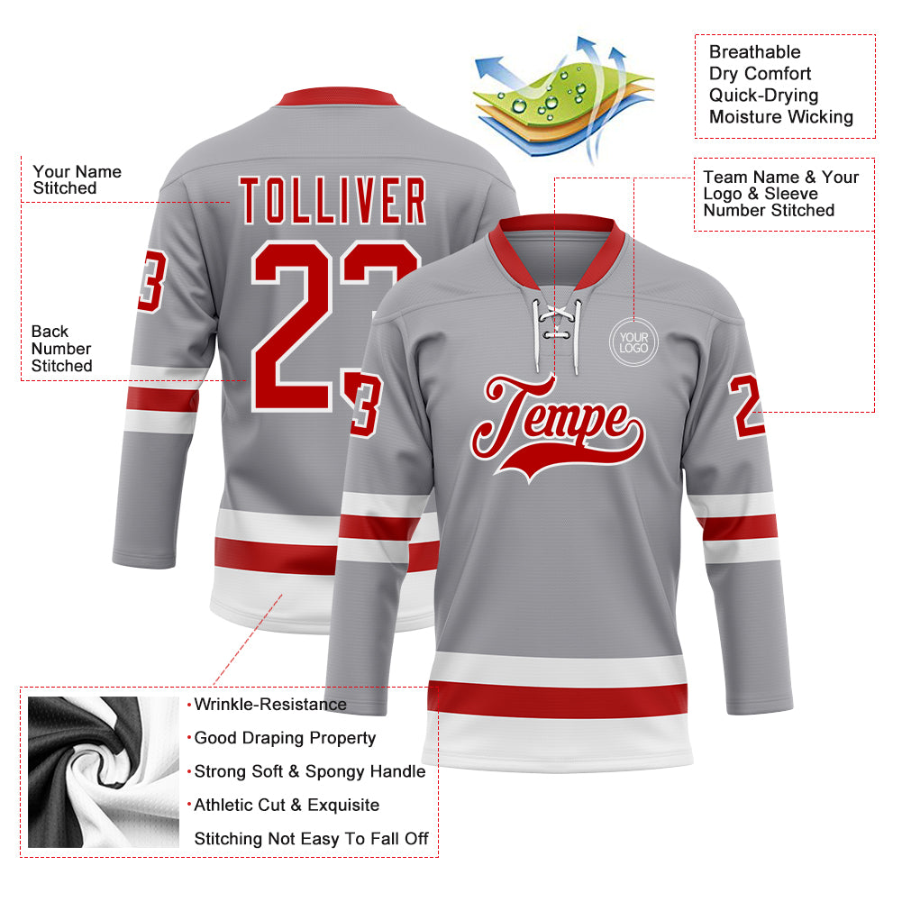 Custom Gray Red-White Hockey Lace Neck Jersey