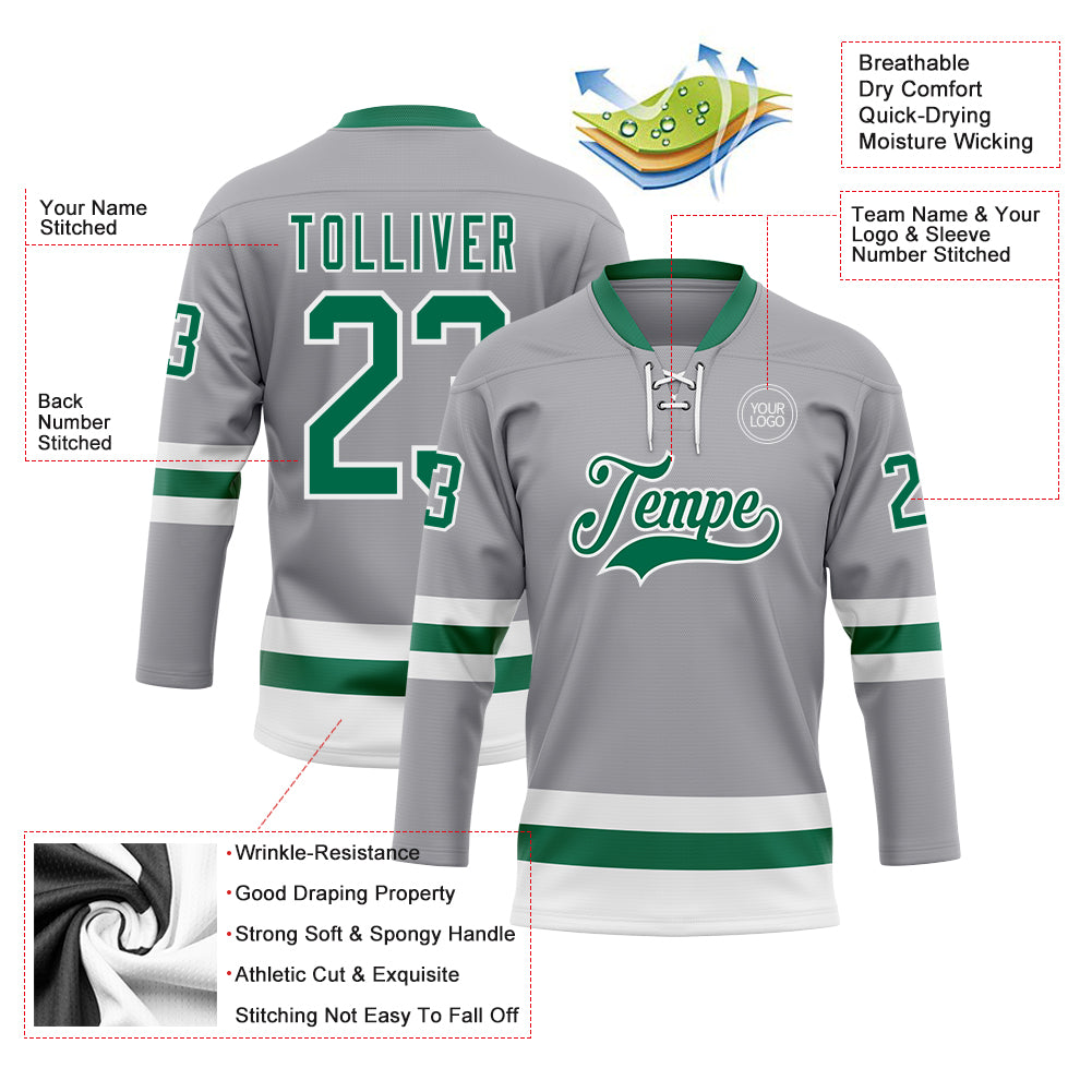 Custom Gray Kelly Green-White Hockey Lace Neck Jersey