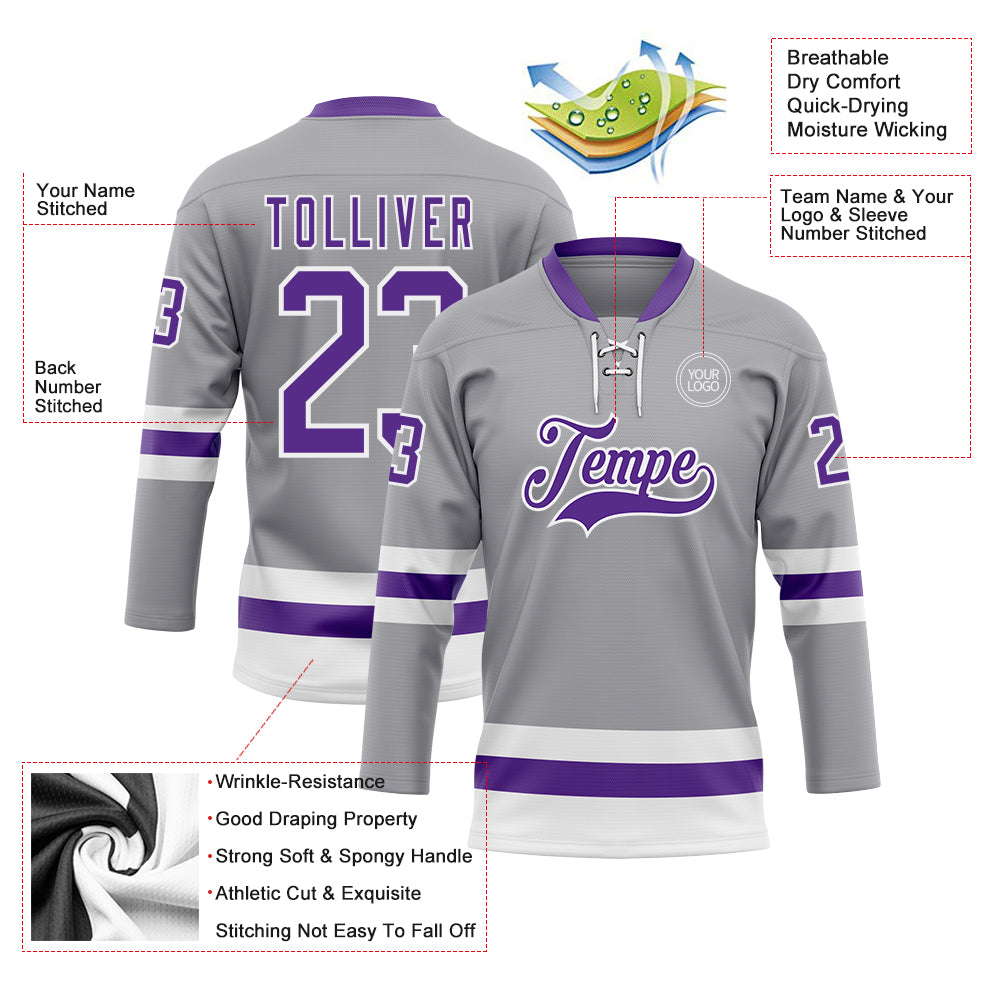 Custom Gray Purple-White Hockey Lace Neck Jersey