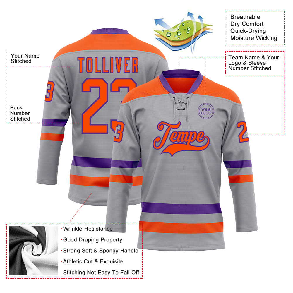 Custom Gray Orange-Purple Hockey Lace Neck Jersey