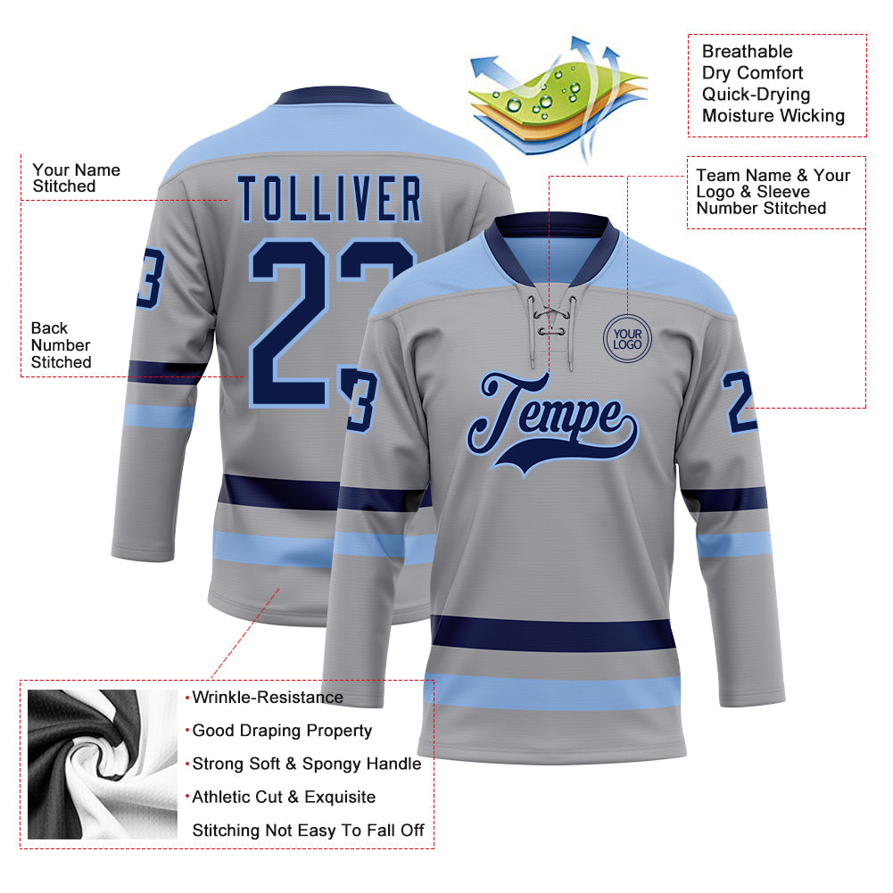 Custom Gray Navy-Light Blue Hockey Lace Neck Jersey