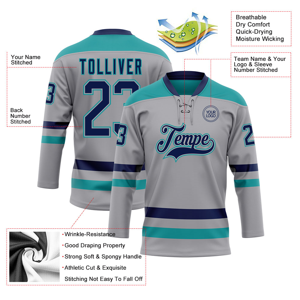 Custom Gray Navy-Teal Hockey Lace Neck Jersey