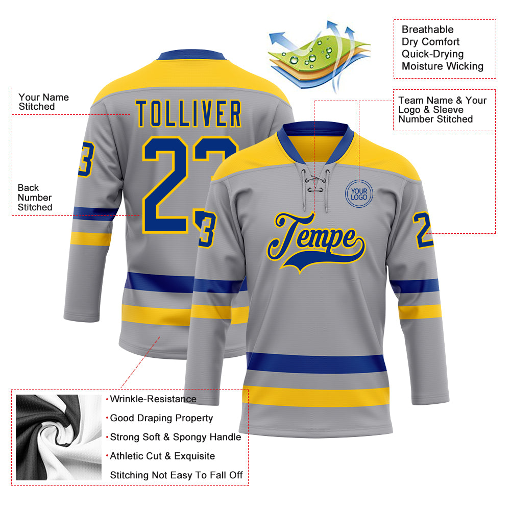 Custom Gray Royal-Yellow Hockey Lace Neck Jersey