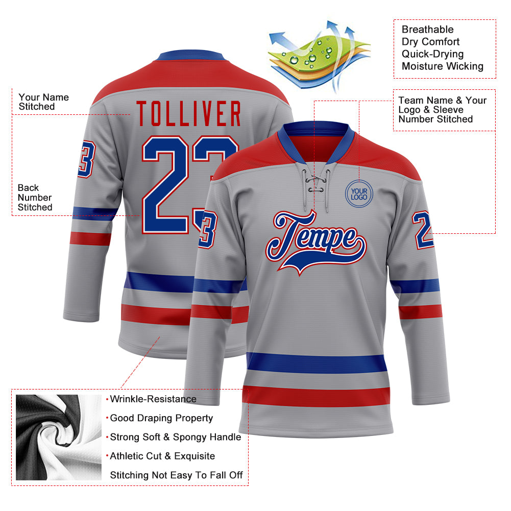 Custom Gray Royal-Red Hockey Lace Neck Jersey