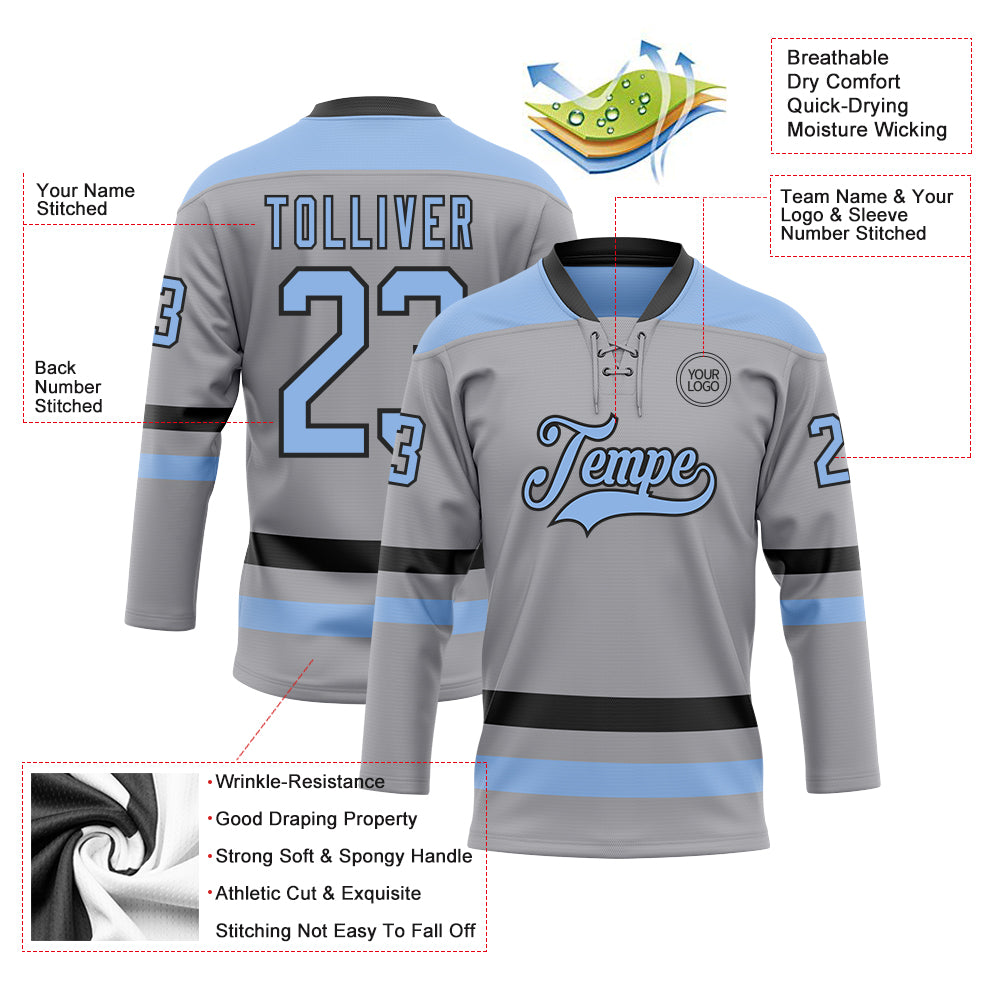 Custom Gray Light Blue-Black Hockey Lace Neck Jersey