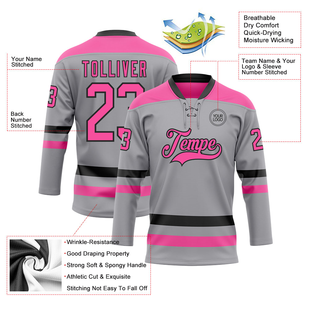 Custom Gray Pink-Black Hockey Lace Neck Jersey