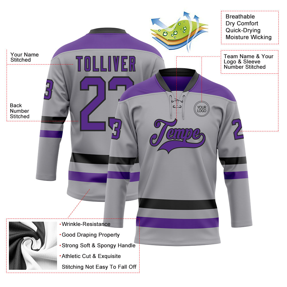 Custom Gray Purple-Black Hockey Lace Neck Jersey