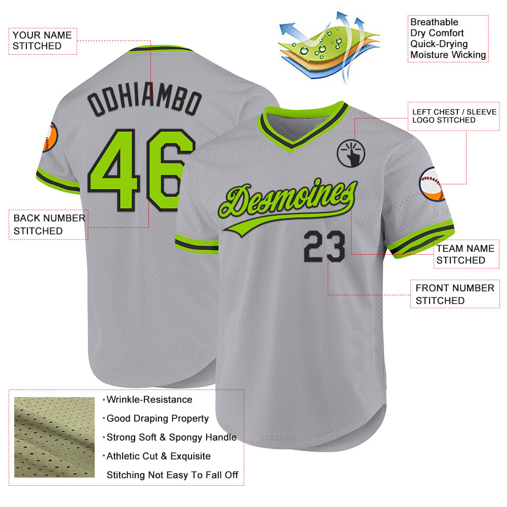 Custom Gray Neon Green-Black Authentic Throwback Baseball Jersey