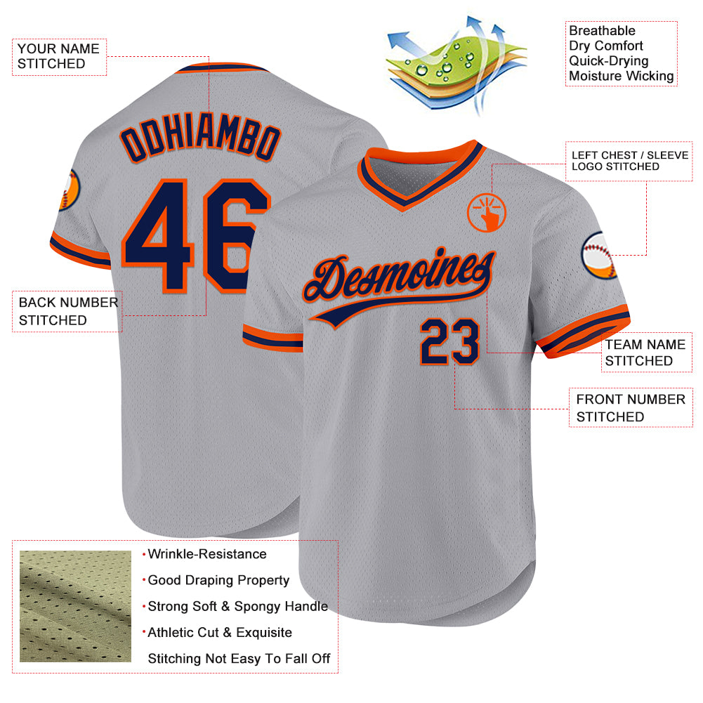 Custom Gray Navy-Orange Authentic Throwback Baseball Jersey