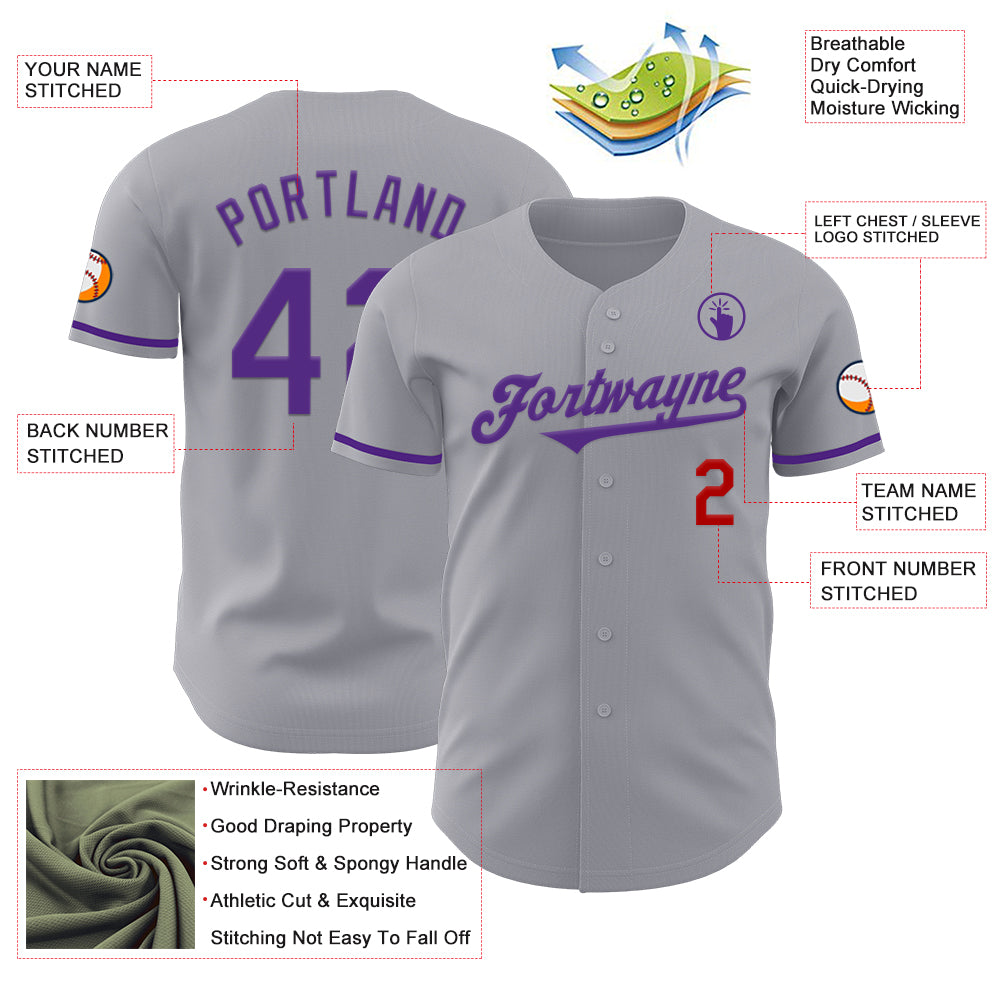 Custom Gray Purple-Red Authentic Baseball Jersey