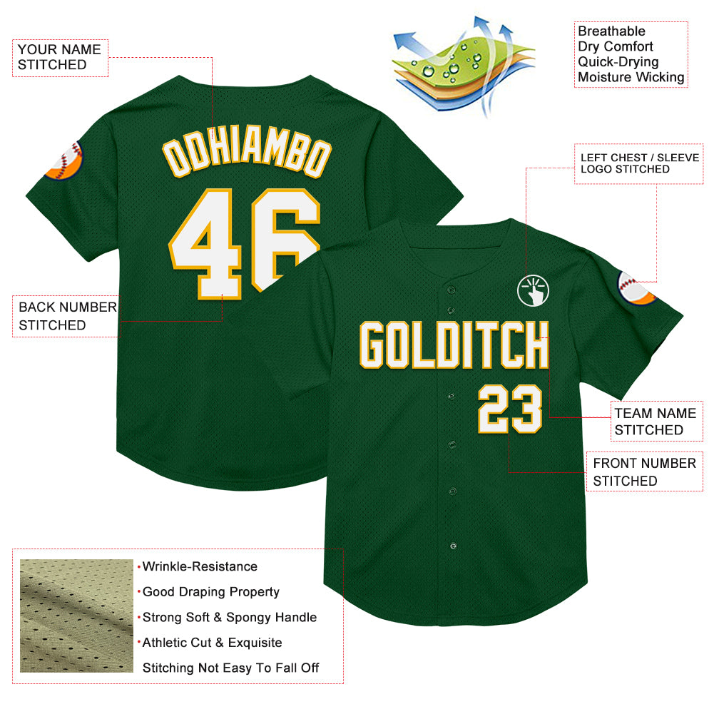 Custom Green White-Gold Mesh Authentic Throwback Baseball Jersey