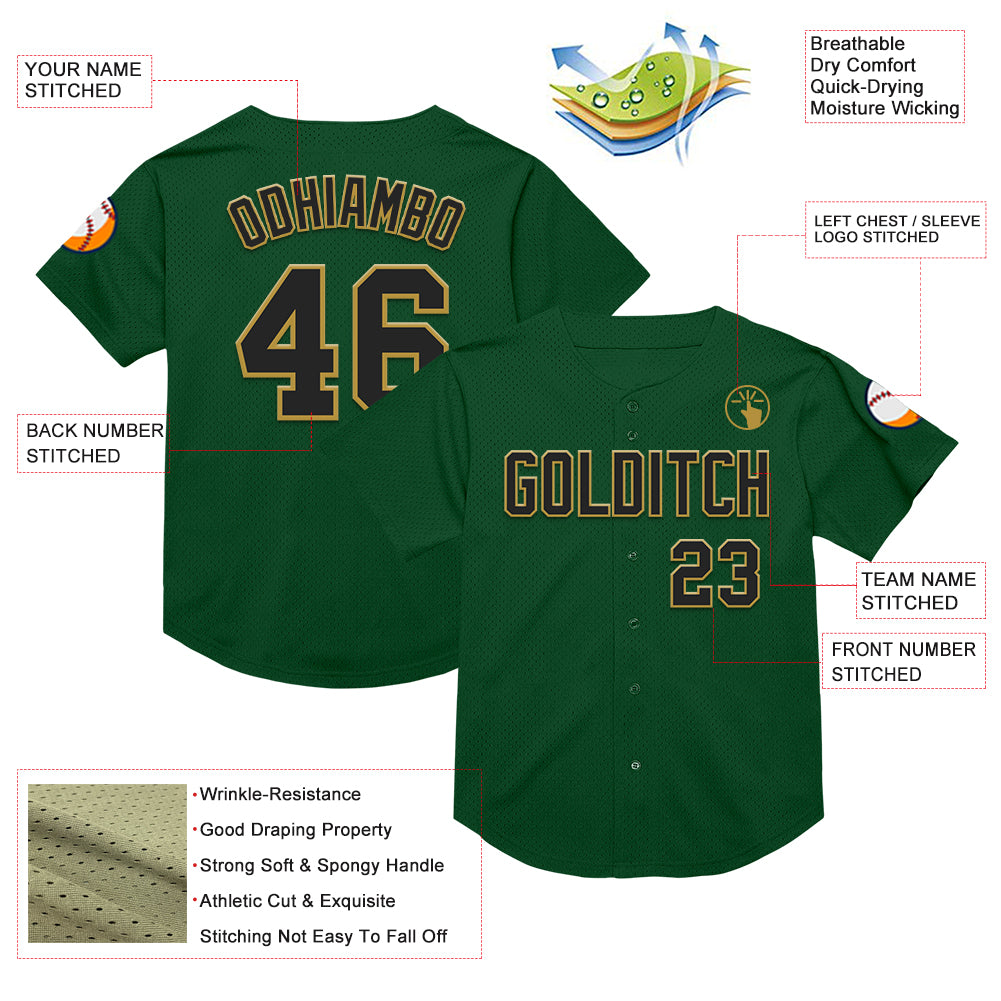 Custom Green Black-Old Gold Mesh Authentic Throwback Baseball Jersey