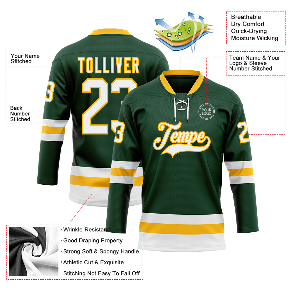 Custom Green White-Gold Hockey Lace Neck Jersey