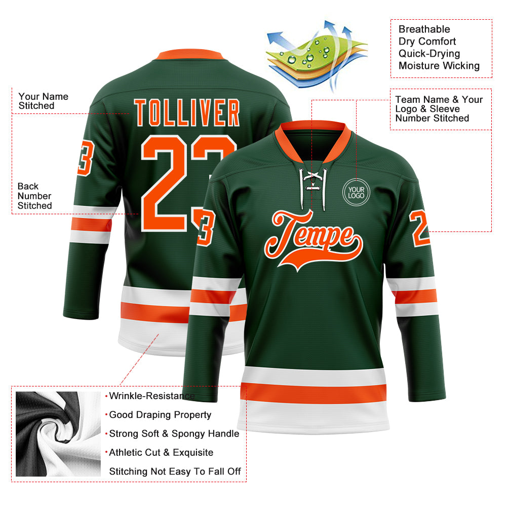 Custom Green Orange-White Hockey Lace Neck Jersey