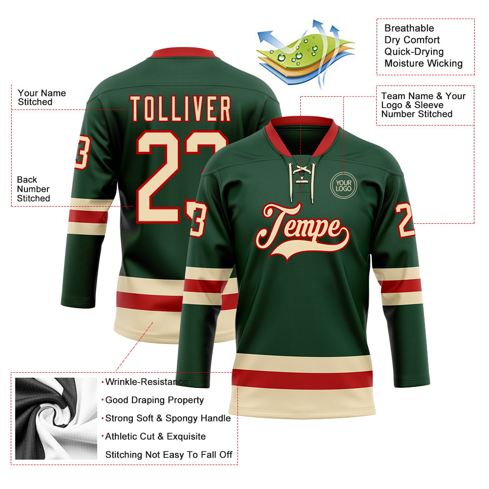 Custom Green Cream-Red Hockey Lace Neck Jersey