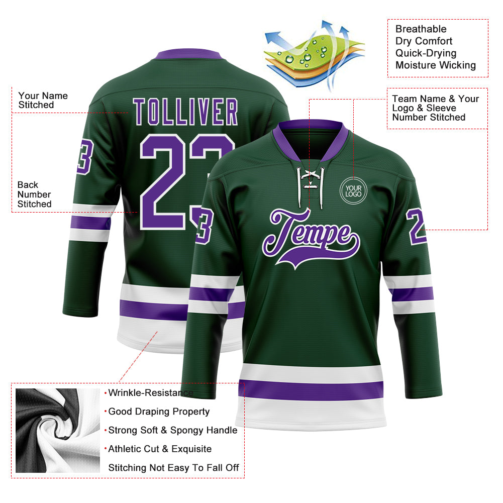 Custom Green Purple-White Hockey Lace Neck Jersey