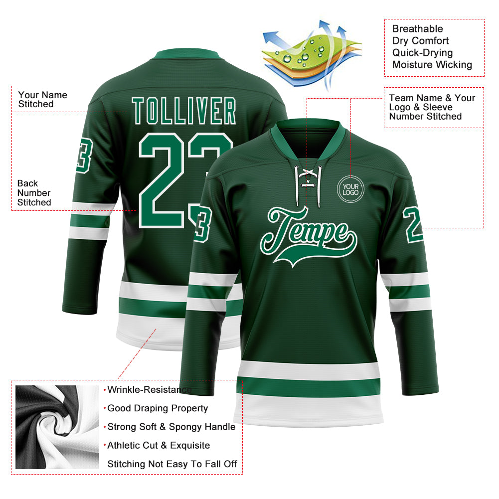 Custom Green Kelly Green-White Hockey Lace Neck Jersey