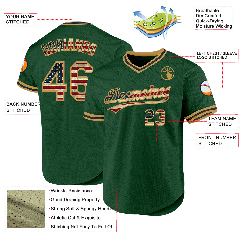 Custom Green Vintage USA Flag Old Gold-Black Authentic Throwback Baseball Jersey