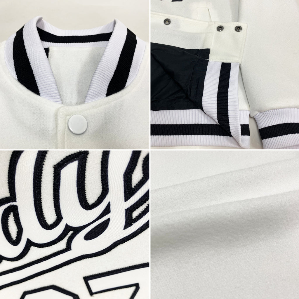 Custom White White-Black Bomber Full-Snap Varsity Letterman Jacket