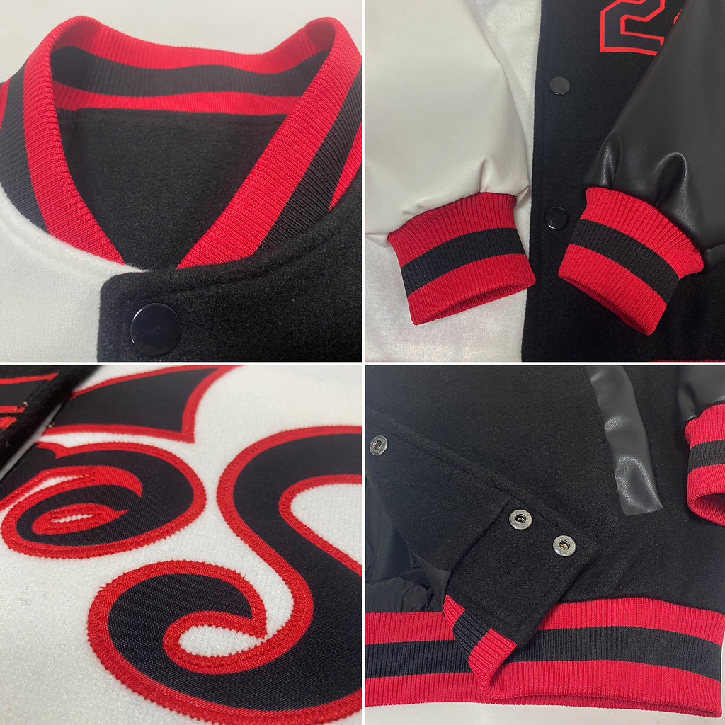 Custom White Black-Red Bomber Full-Snap Varsity Letterman Split Fashion Jacket