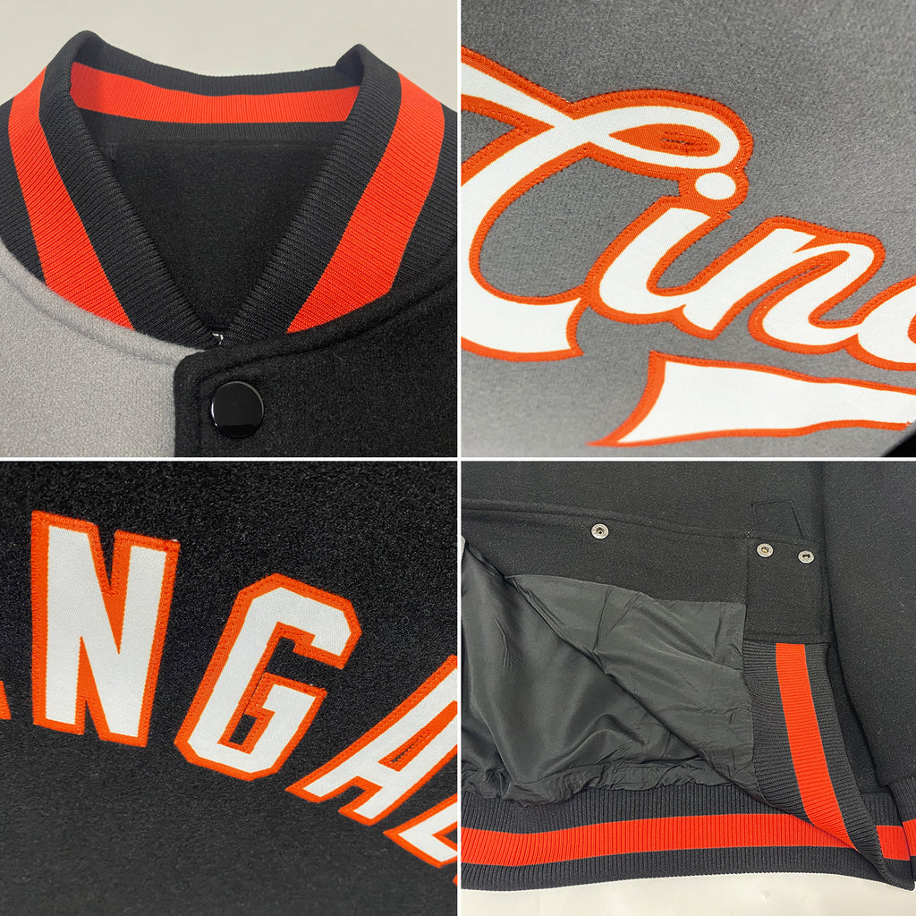Custom Black Orange-Gray Bomber Full-Snap Varsity Letterman Split Fashion Jacket