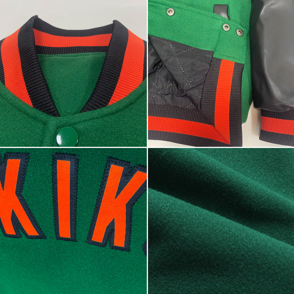 Custom Kelly Green Orange-Black Bomber Full-Snap Varsity Letterman Two Tone Jacket