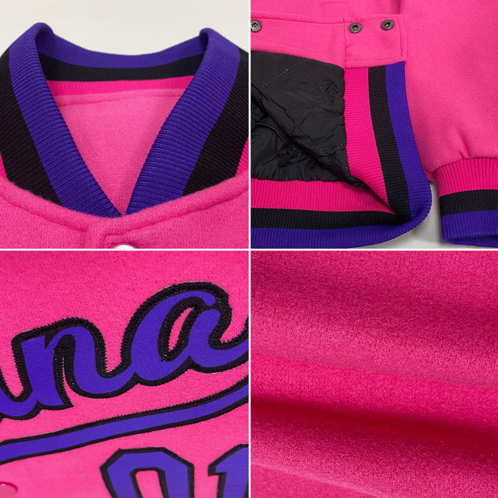 Custom Pink Purple-Black Bomber Full-Snap Varsity Letterman Jacket