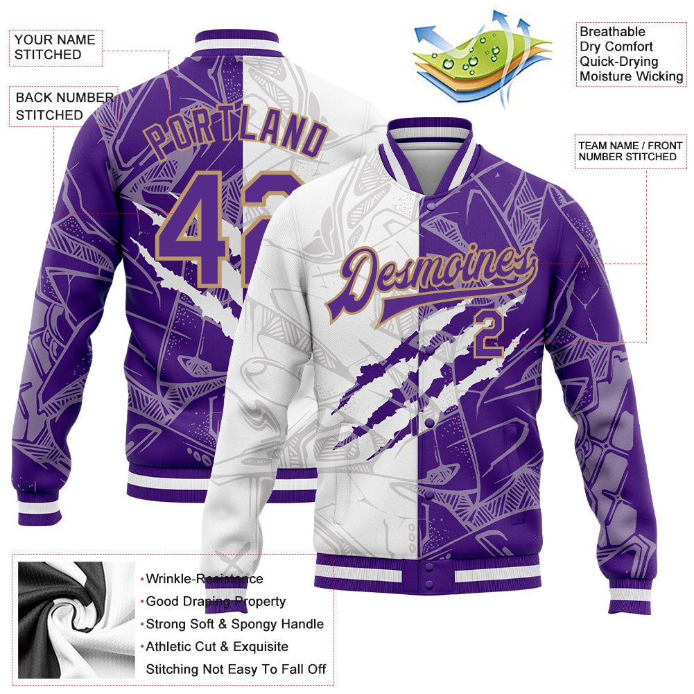 Custom Graffiti Pattern Purple-Old Gold Scratch 3D Bomber Full-Snap Varsity Letterman Jacket
