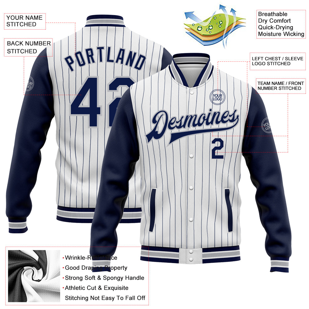 Custom White Navy Pinstripe Gray Bomber Full-Snap Varsity Letterman Two Tone Jacket