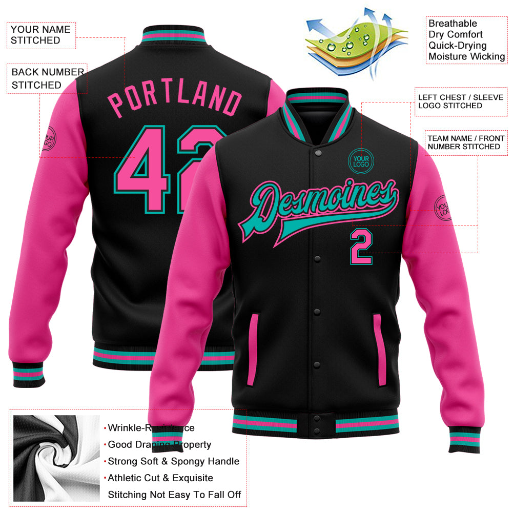 Custom Black Pink-Aqua Bomber Full-Snap Varsity Letterman Two Tone Jacket