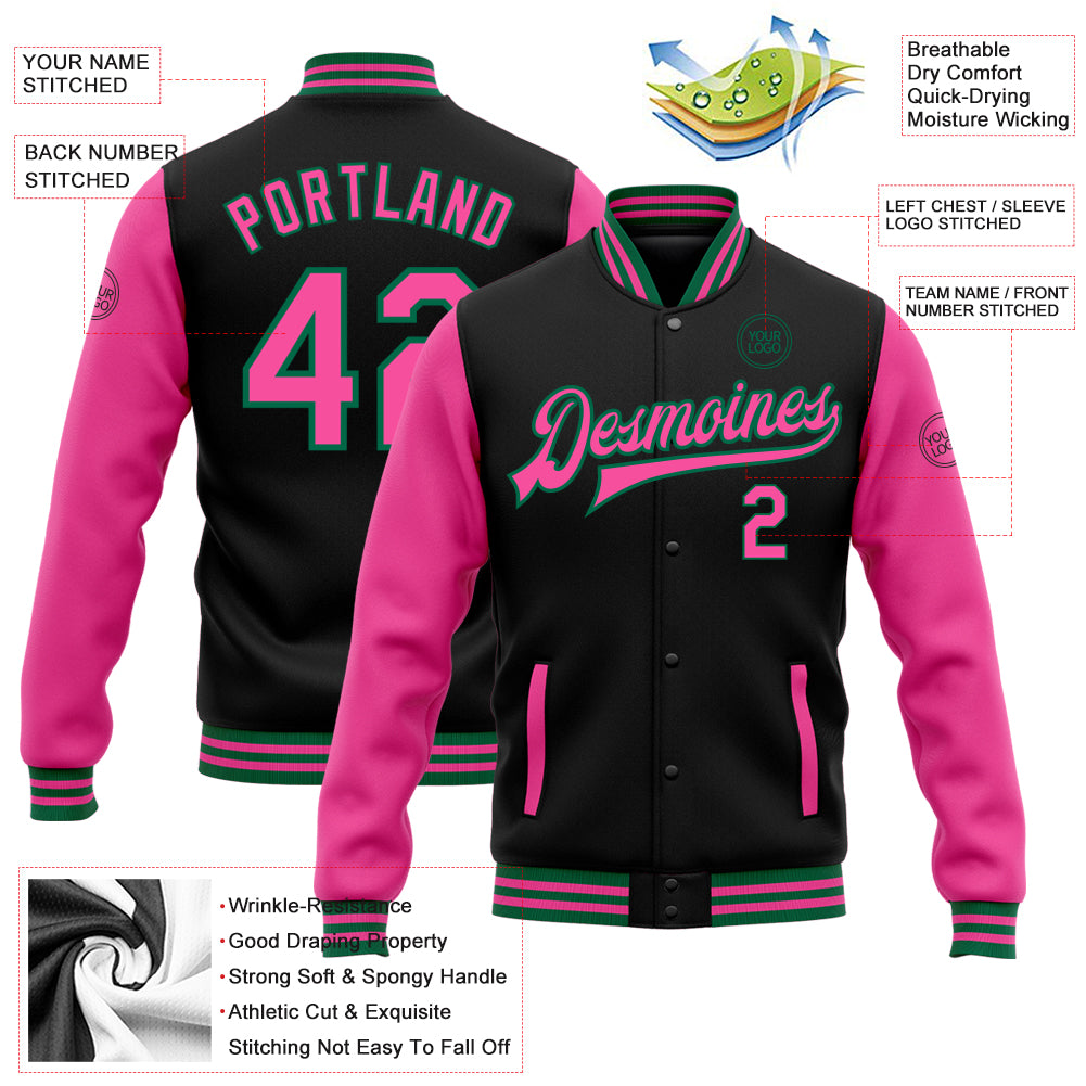 Custom Black Pink-Kelly Green Bomber Full-Snap Varsity Letterman Two Tone Jacket