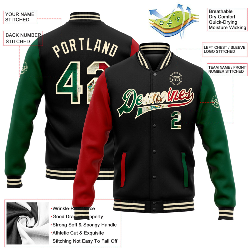 Custom Black Vintage Mexican Flag Cream Kelly Green-Red Bomber Full-Snap Varsity Letterman Two Tone Jacket