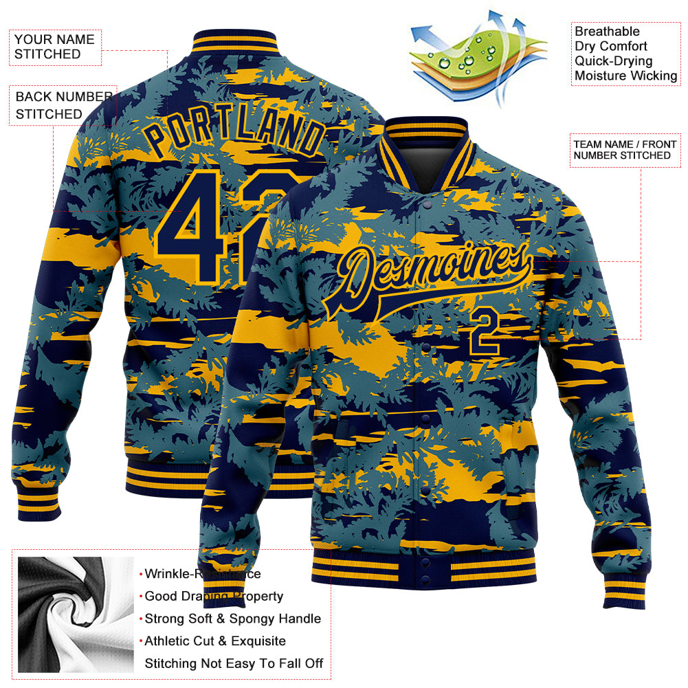 Custom Navy Gold Thuja Branch 3D Pattern Design Bomber Full-Snap Varsity Letterman Jacket