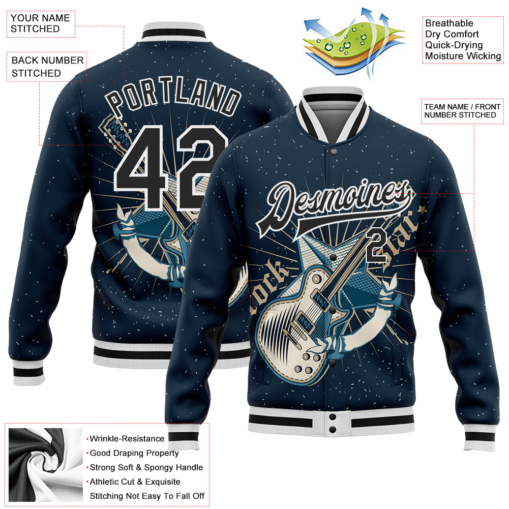 Custom Navy Black-White Guitar Rock Star Music Festival 3D Pattern Design Bomber Full-Snap Varsity Letterman Jacket