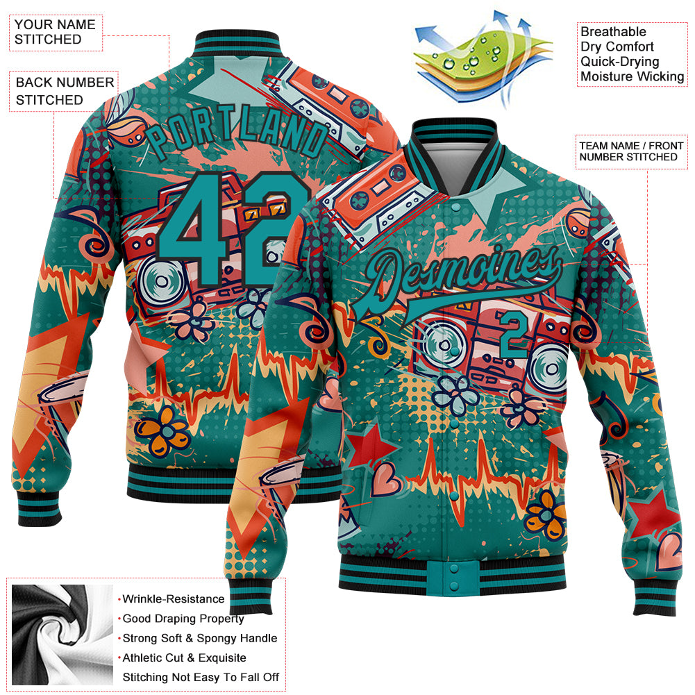 Custom Teal Black Music Festival 3D Pattern Design Bomber Full-Snap Varsity Letterman Jacket
