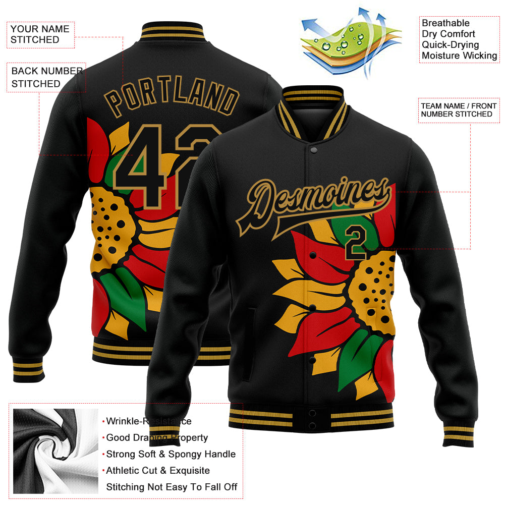 Custom Black Old Gold Red-Kelly Green Black History Month 3D Pattern Design Bomber Full-Snap Varsity Letterman Jacket