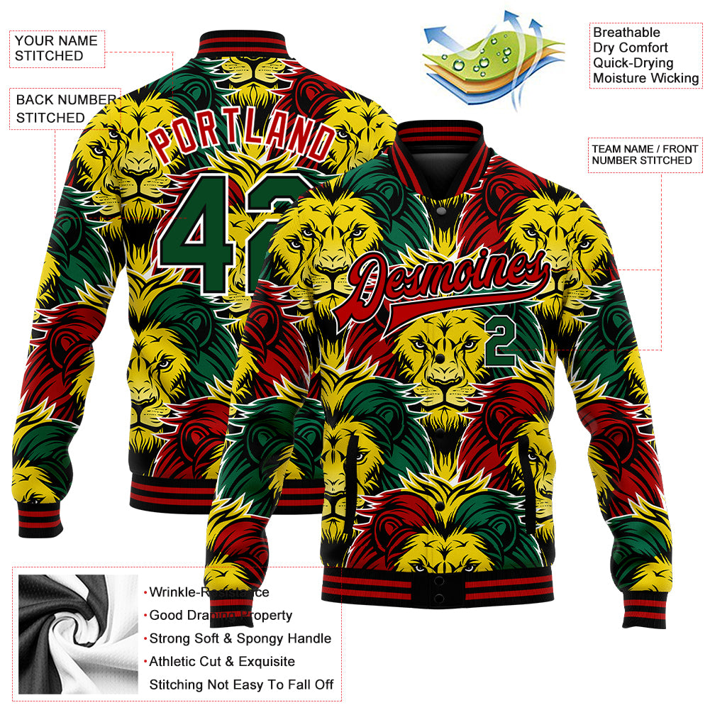 Custom Black Kelly Green Red-Gold Black History Month Lion 3D Pattern Design Bomber Full-Snap Varsity Letterman Jacket