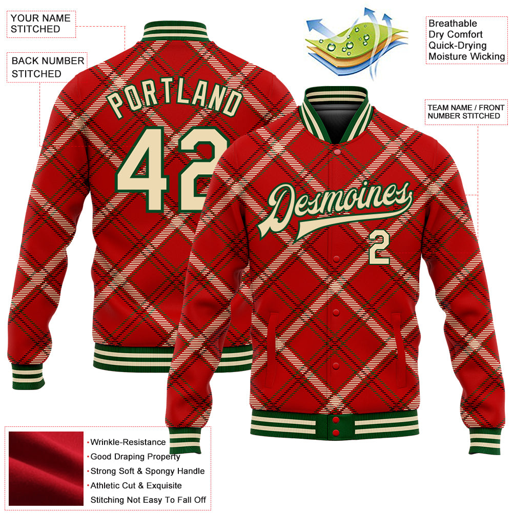 Custom Red Cream-Green Check Board 3D Pattern Design Bomber Full-Snap Varsity Letterman Jacket