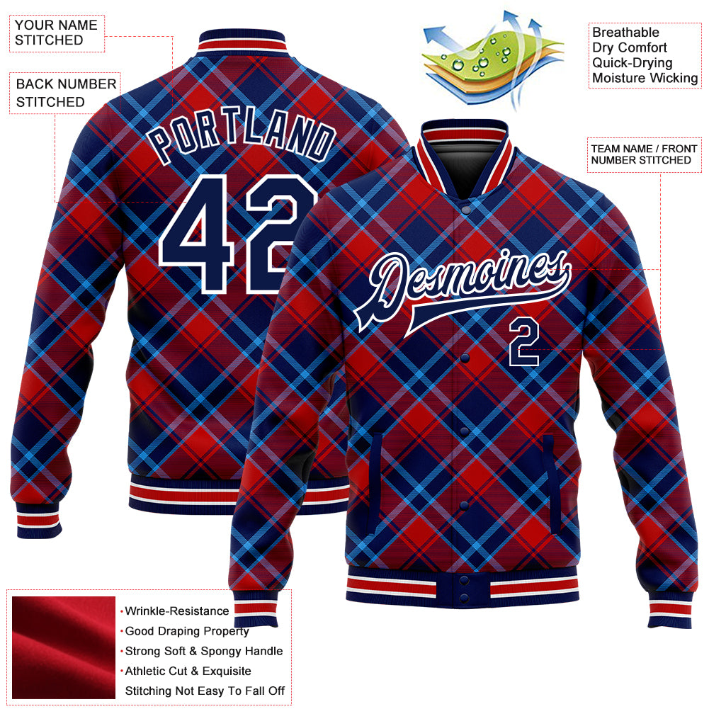 Custom Navy Red-Light Blue Check Board 3D Pattern Design Bomber Full-Snap Varsity Letterman Jacket