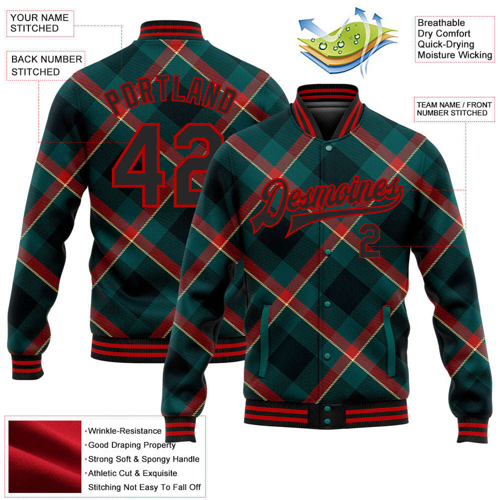 Custom Midnight Green Black-Red Check Board 3D Pattern Design Bomber Full-Snap Varsity Letterman Jacket