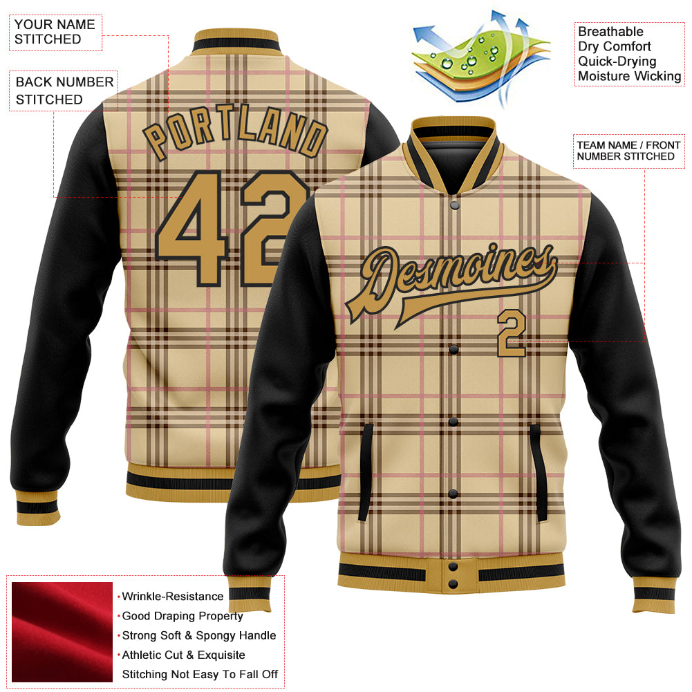 Custom City Cream Old Gold Black-Light Pink Check Board 3D Pattern Design Bomber Full-Snap Varsity Letterman Jacket