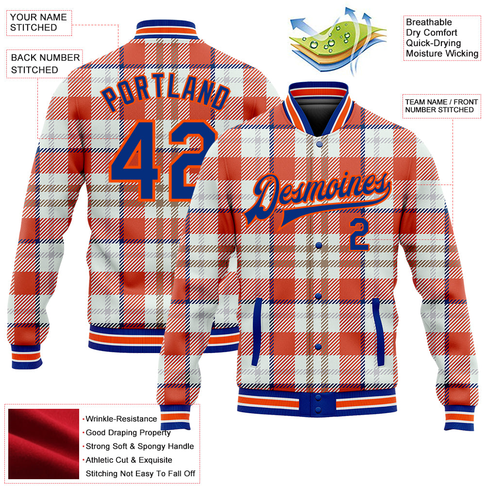 Custom Orange Royal-White Check Board 3D Pattern Design Bomber Full-Snap Varsity Letterman Jacket