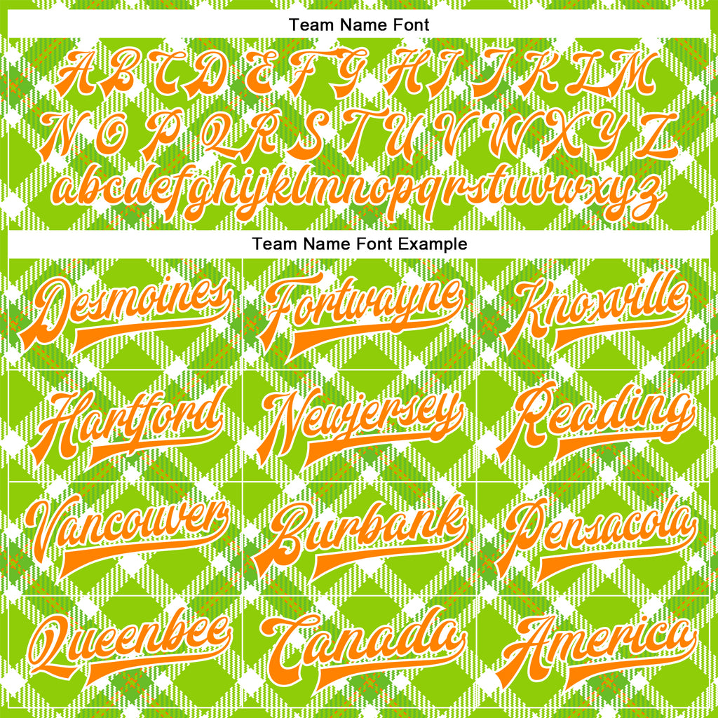 Custom Neon Green Bay Orange-White Check Board 3D Pattern Design Bomber Full-Snap Varsity Letterman Jacket