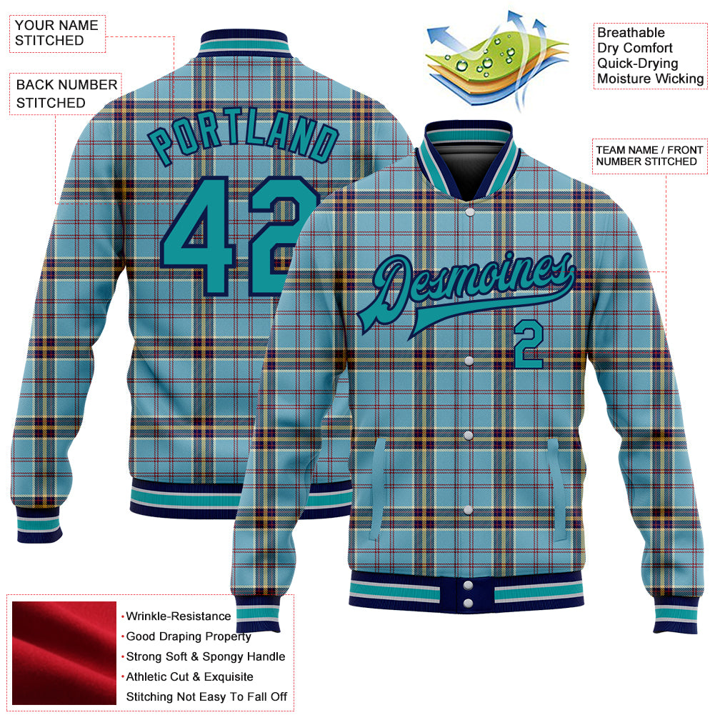 Custom Shadow Blue Teal Navy-Gray Classic Western Plaid 3D Pattern Design Bomber Full-Snap Varsity Letterman Jacket