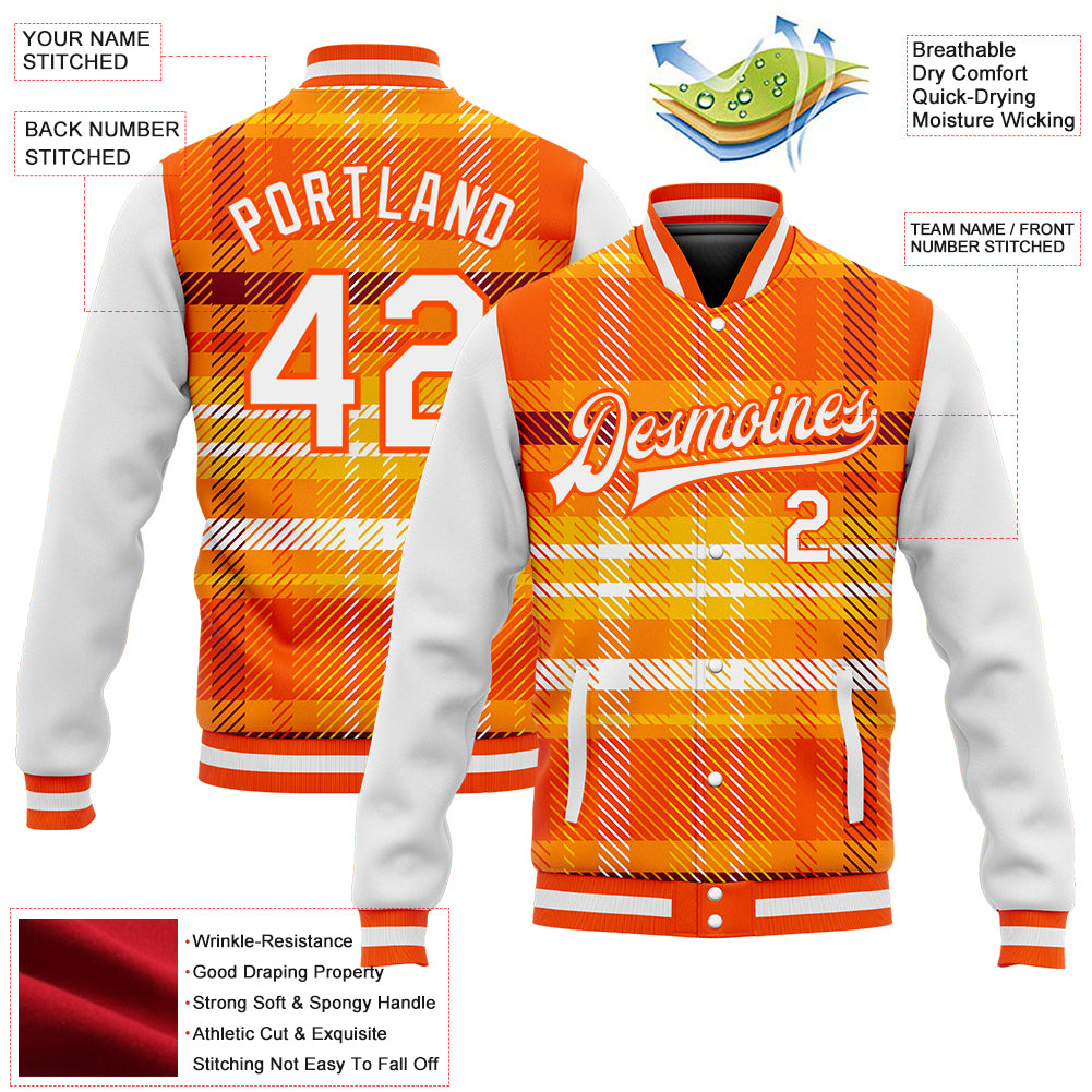 Custom Orange White Check Board 3D Pattern Design Bomber Full-Snap Varsity Letterman Jacket