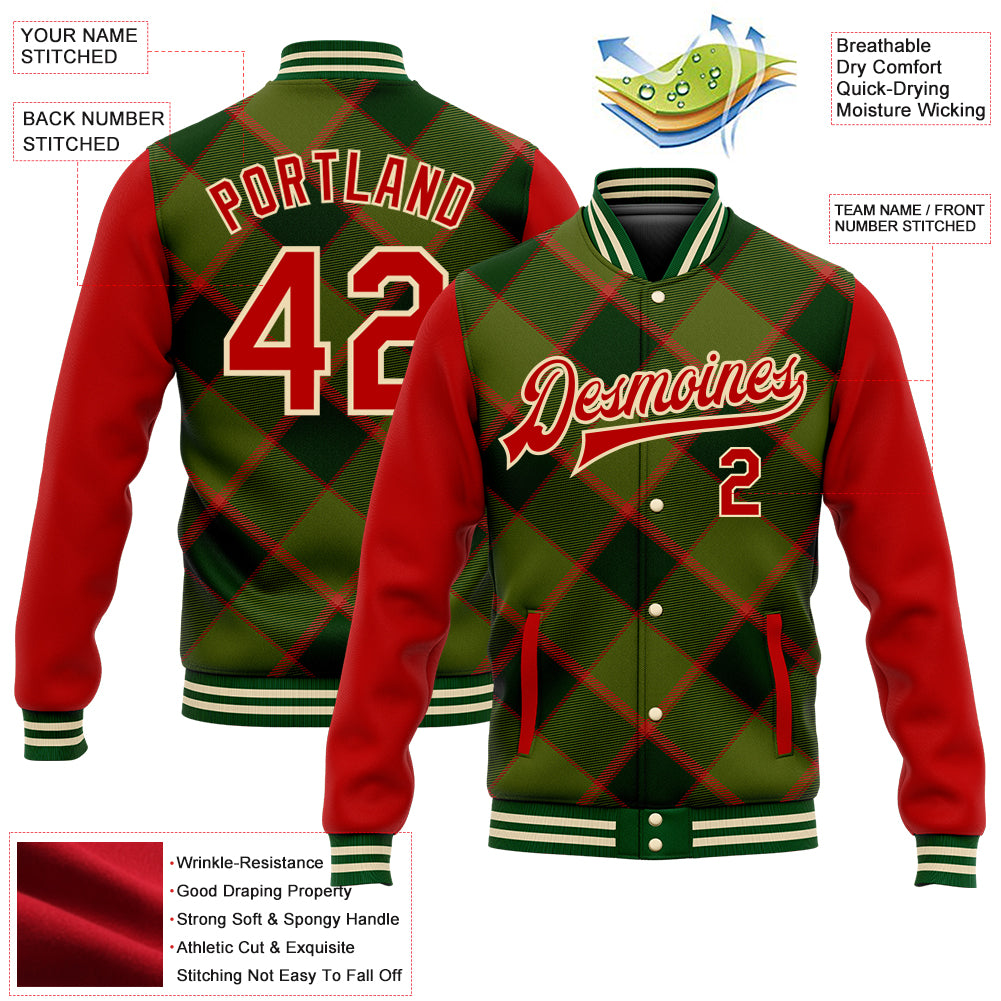 Custom Green Red-Cream Check Board 3D Pattern Design Bomber Full-Snap Varsity Letterman Jacket