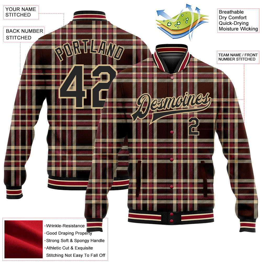 Custom Brown Black Vegas Gold City Cream-Crimson Classic Western Plaid 3D Pattern Design Bomber Full-Snap Varsity Letterman Jacket