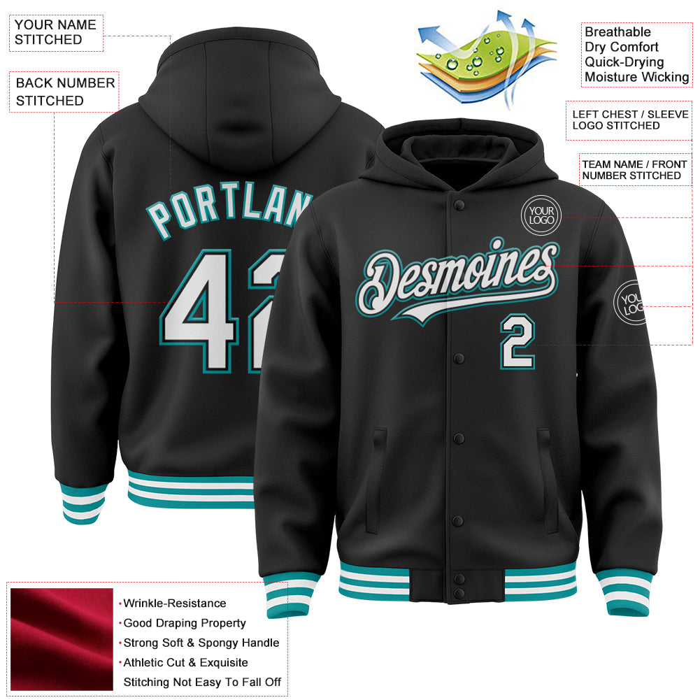 Custom Black White-Teal Bomber Full-Snap Varsity Letterman Hoodie Jacket