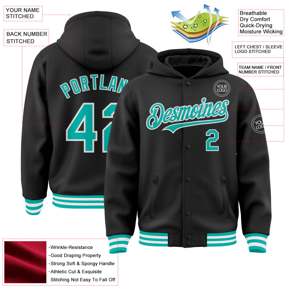 Custom Black Aqua-White Bomber Full-Snap Varsity Letterman Hoodie Jacket