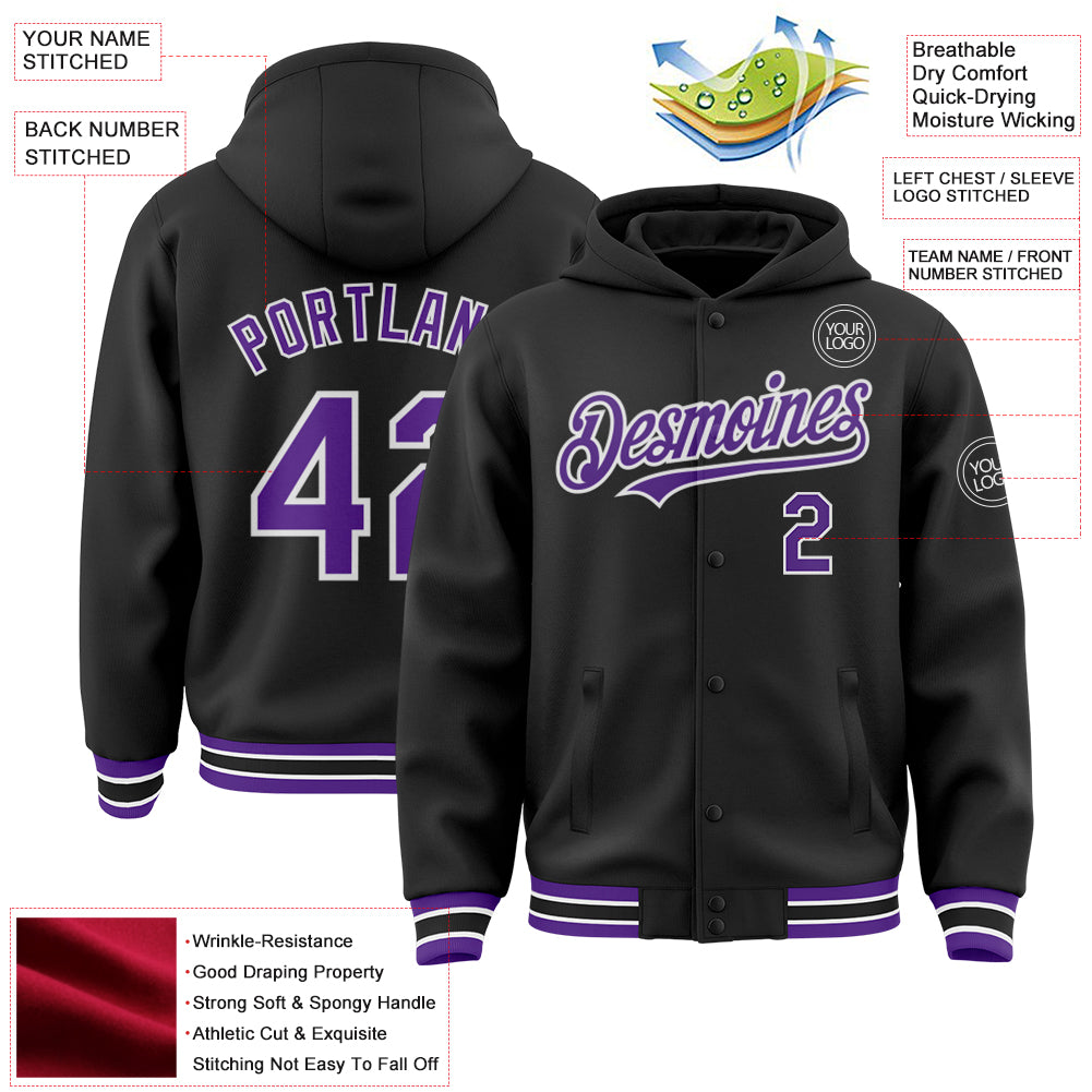 Custom Black Purple-White Bomber Full-Snap Varsity Letterman Hoodie Jacket